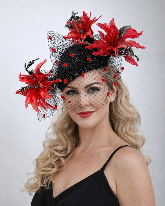Ready to wear - Black Straw with Red Feather Flowers