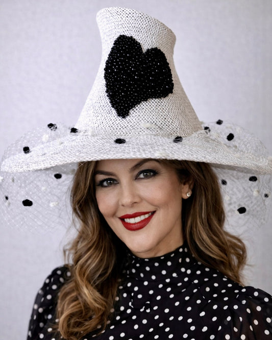Ready to Wear - Large White Hat with Beaded Heart